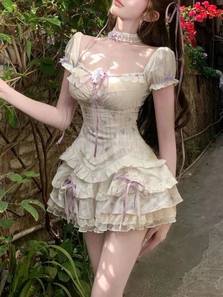 Sweet Parisian 2-Piece Dress Set Women Sexy Off-Shoulder Corset Tops + Mini Cake Skirt French Court Casual Parisian Chic Outfit New