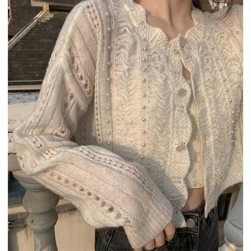 The Starry Ballet Cardigan | Parisian Hollow-Out Beaded Knit Jacket | Spring Autumn O-Neck Short Style Sweater | Parisian Princess