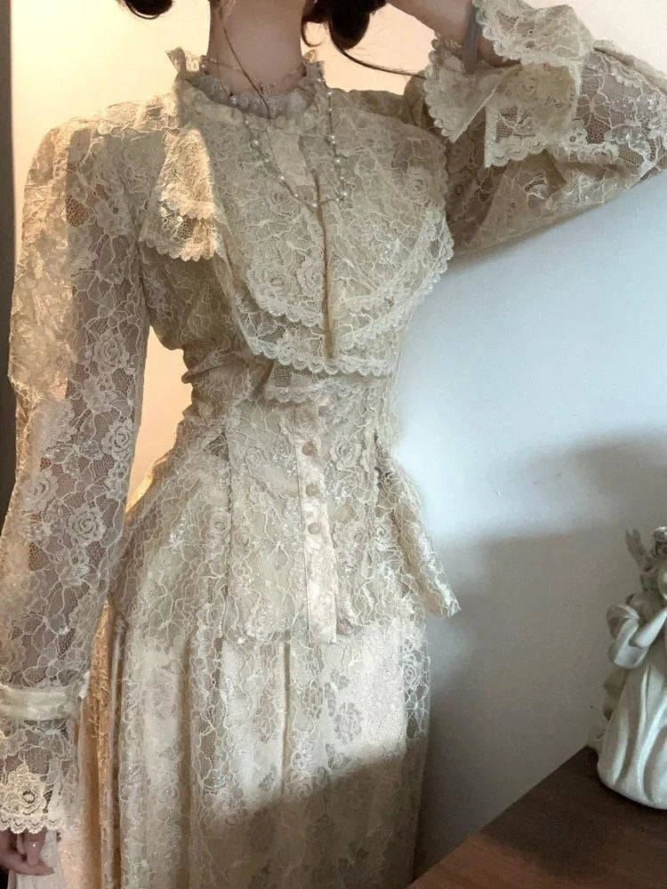 French Vintage 2-Piece Set for Women Ruffled Lace Cardigan Tops + Slim Long Skirt Elegant Retro Court-Style Chic Party Outfit