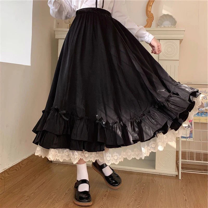 Fashion Sweet Midi Skirt Women Lace Patchwork Bow Preppy Fall Loose Casual Skirts Japanses Ruffle High Waist Solid Chic Skirt