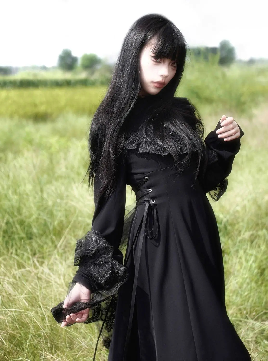 Coalfell French Gentle Heavy Engineering Dress Design Fall and Winter Long-sleeved New Waist Lace Thin Temperament Long Dress