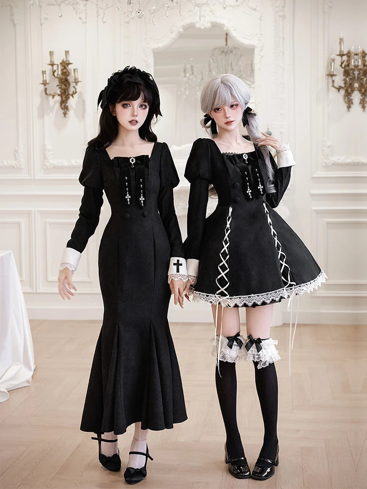 Original French Elegant Court Black Long Mermaid Dresses Op Autumn New Women's Slim Fit Lolita Long Sleeve Dress Gothic Dresses