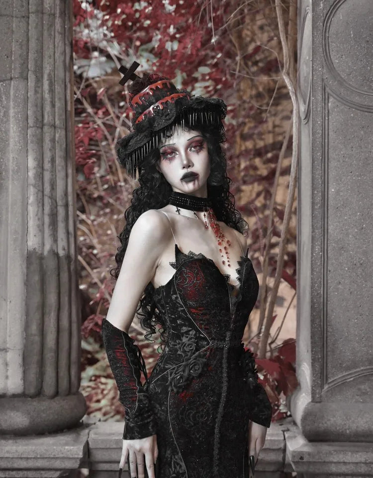 Gothica Original Design Vampire Black Red Dress Lace Patch Gothic Velvet Trumpet Sleeveless Sexy X-Long Dress Halloween