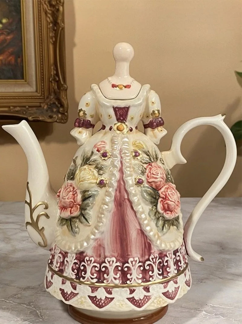 Hand Painted Relief Rose Coffee Pot Ceramic Teapot Elegant Luxury Teapots Aesthetic Retro Coffee Pots with Lid Tea Tableware