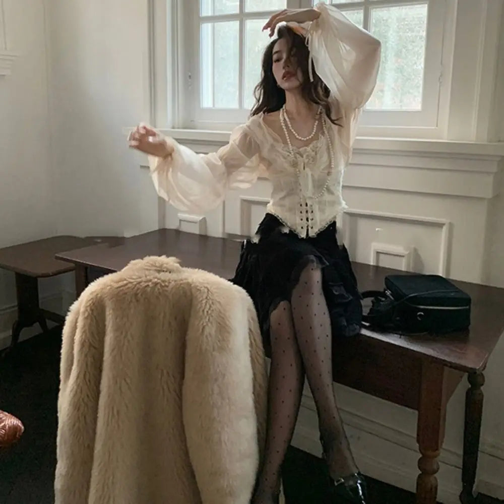 The Céleste Mesh Manteau | Parisian Flounce Lace Blouse | V-Hem Puff Sleeve Party Top | French Coquette Aesthetic