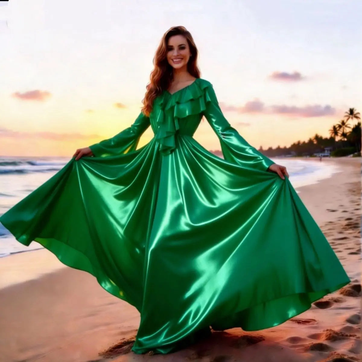 The Petit Trianon Ice Silk Sleep Gown | Glossy Satin Ruffle Maxi | Butterfly Sleeve Nightdress | Parisian Princess