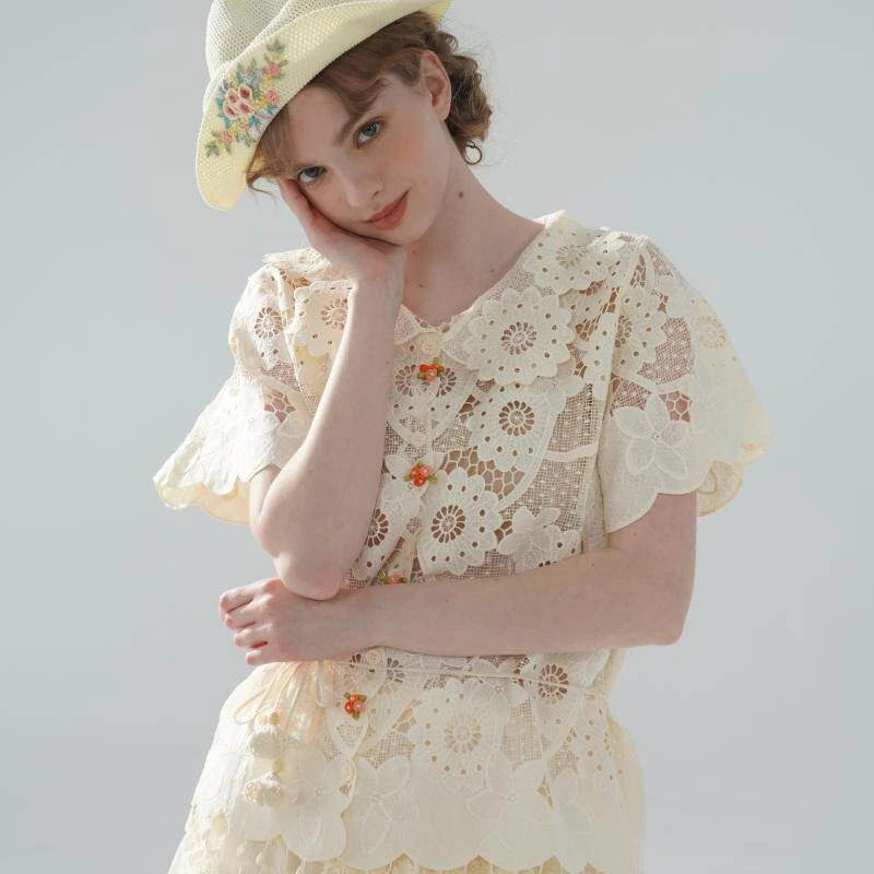 The Palais Cutwork Blouse | Summer Lace Shirt | Handmade 3D Floral All-Over Embroidered Turn-Down Collar Blouse | Parisian Princess