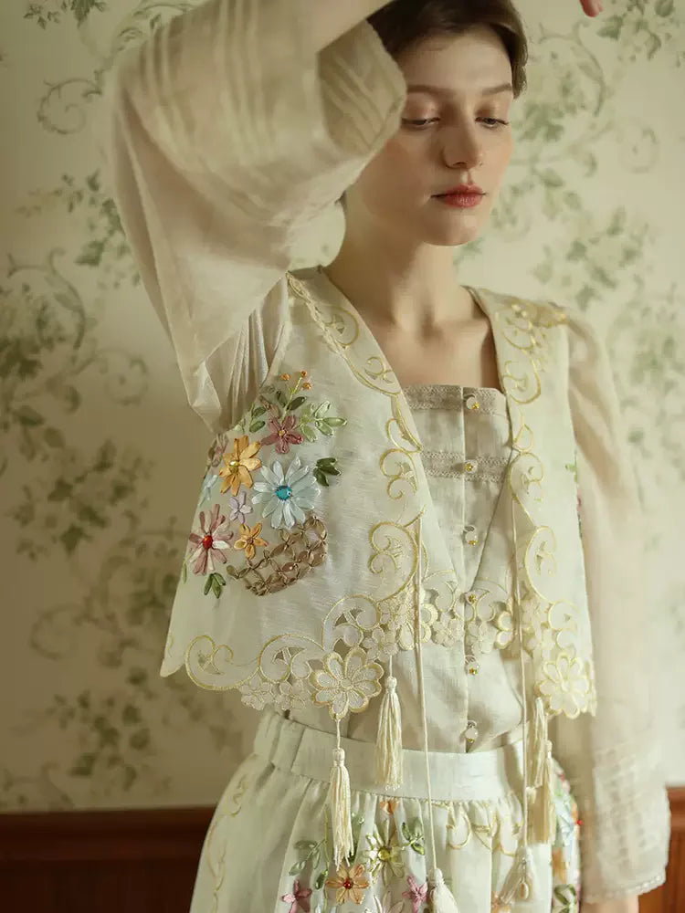The Trianon Embroidered Vest | French Cotton Floral Waistcoat | Vintage Botanical Tassel Gilet | Parisian Princess