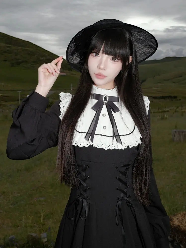 Japanese Y2K Patchwork Midi Dress Women Harajuku Gothic Lace Up Long Dress Female Sweet Lolita Bow Long Sleeve Chic Vestidos New