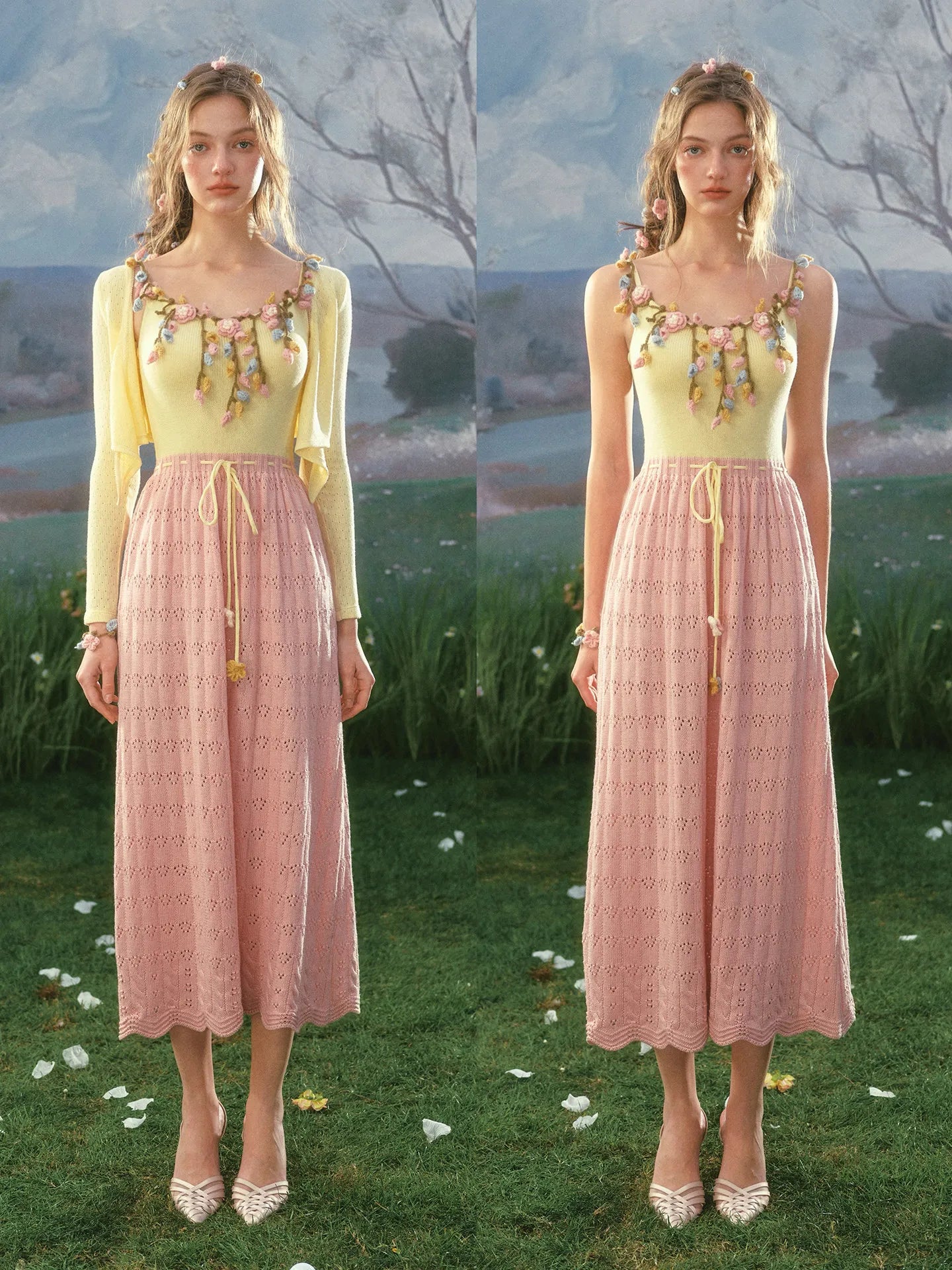 The French Pastoral Crochet Gown | Elegant Handmade Knitted Long Dress | Luxury Floral Fit &amp; Flare Midi | Parisian Princess