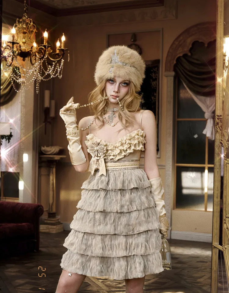 The Gothica Russian Princess Cake Dress | High-Waist Lace-Strap Luxury Slip | Sweet Apricot Layered Jupe | Parisian Princess