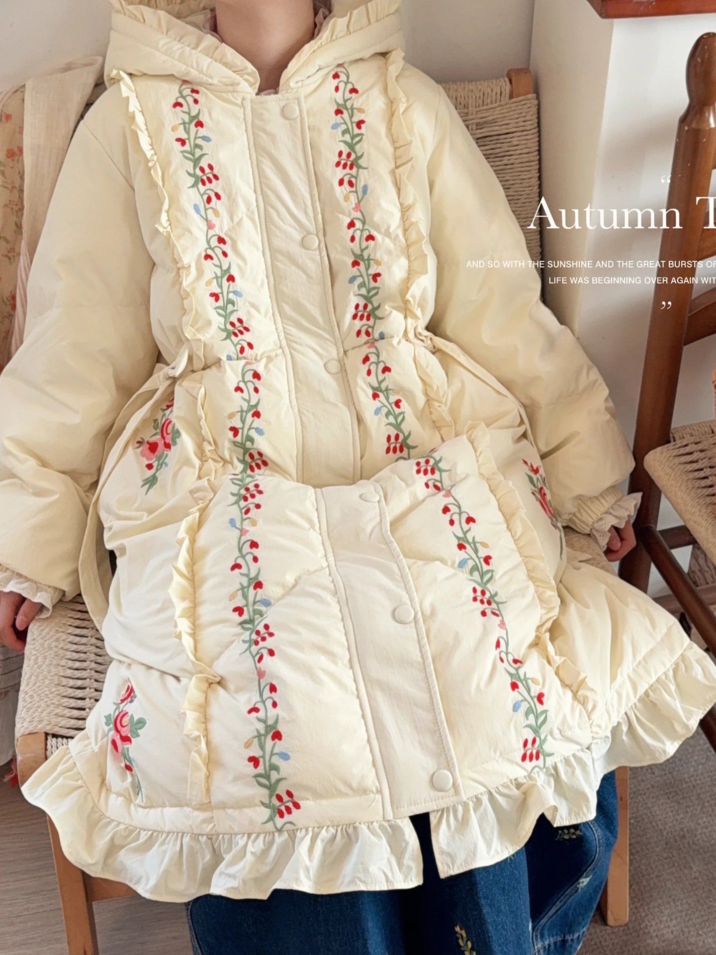 Parisian Women Full Sleeve Long Mid-Calf Thick Outerwear Hoode Zipper Down Jacket Embroidery Warm Coats Japanese Style