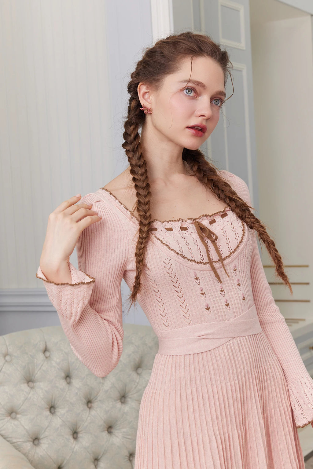 76-88cmBust FallWinter Long Pleated Dress Women Vintage ElegantSlim Embroidery Square Neck Flare Sleeve 100%Cotton Knitted Dress