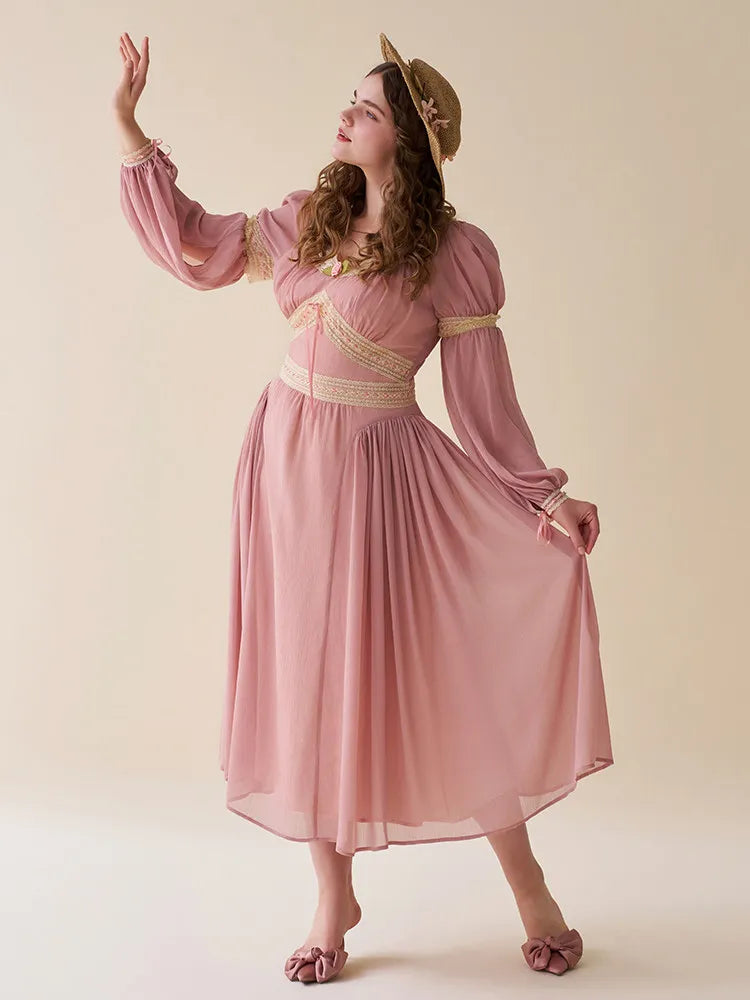 The Bagatelle Rose Garden Gown | French V-Neck Chiffon Midi | Vintage Empire Waist Plus Size Dress | Parisian Princess