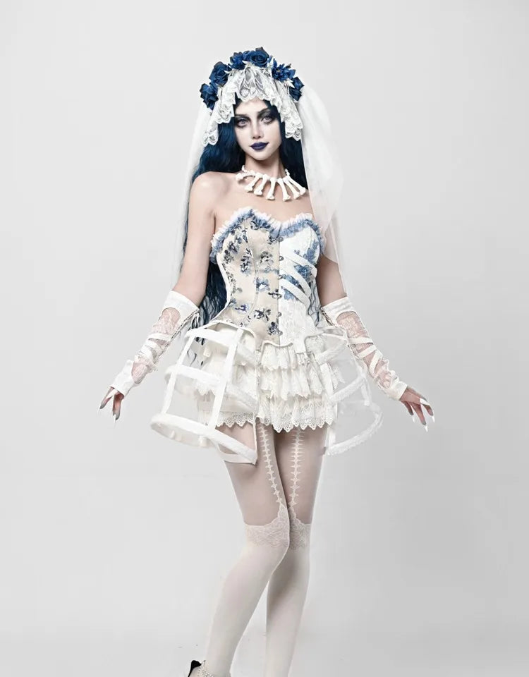 Parisian White Gothic Dress Birdcage Tube Emboridery Zombie Bride Slip Dress Palace Holloween Party Dresses Vestido Large