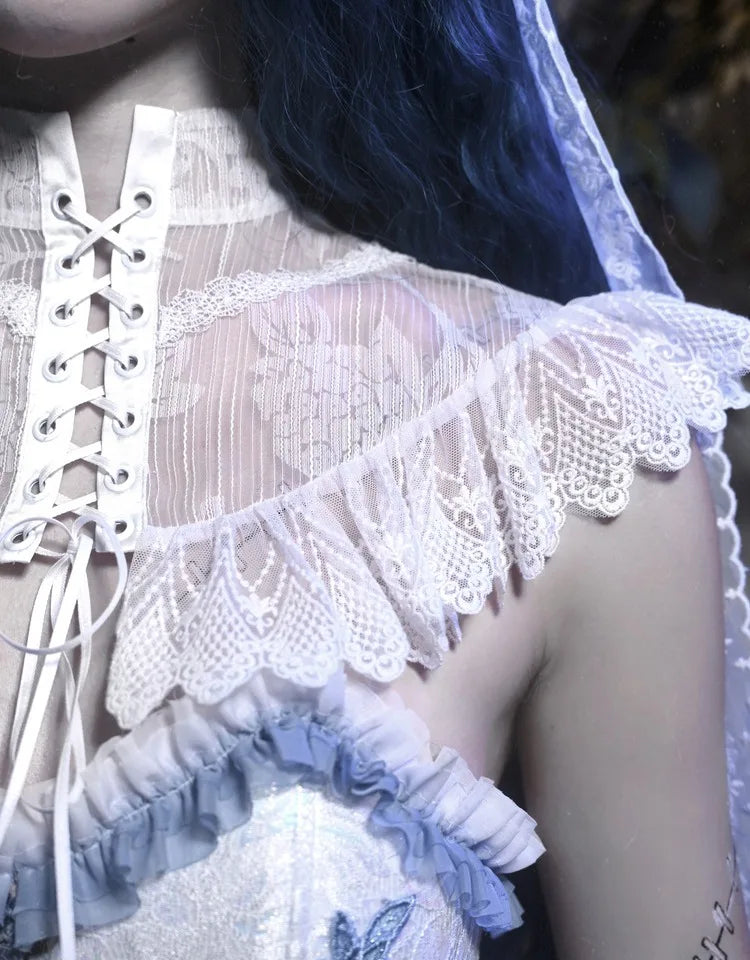 The Gothica White Gothic Dress | Zombie Bride Spine Lace Gown | Chiffon Tailed Party Dress with Cape | Parisian Princess