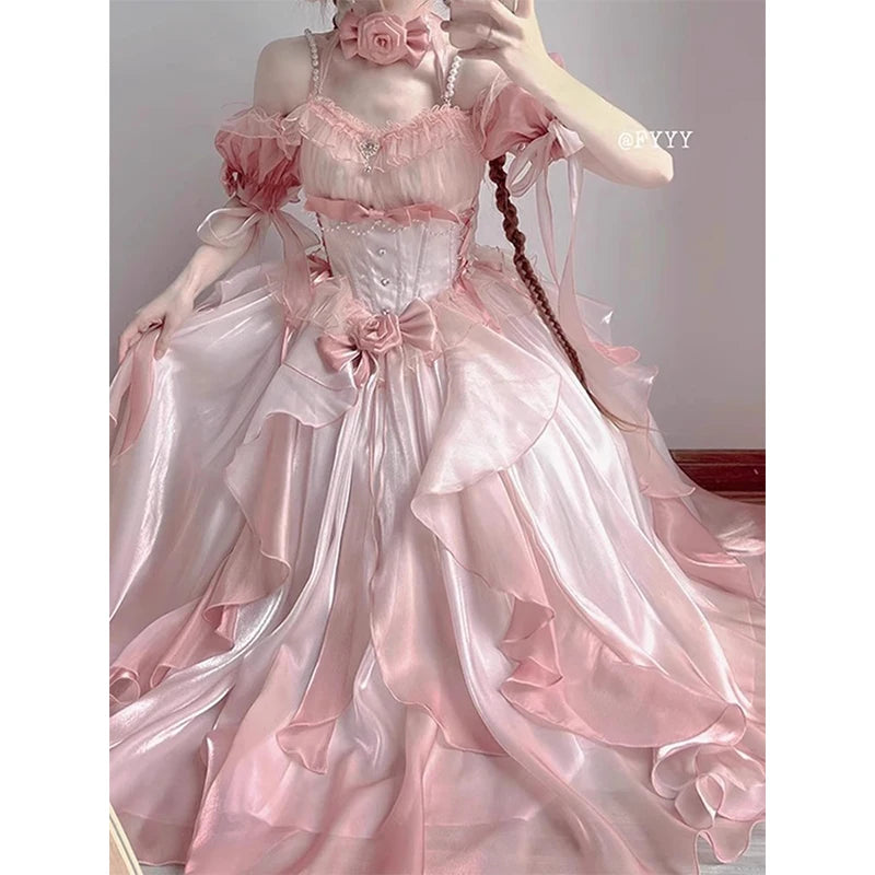 The Versailles Fairy Pink Bow Gown | Off-Shoulder Lolita Wedding Dress | Empire Waist Fairy Princess Maxi | Parisian Princess