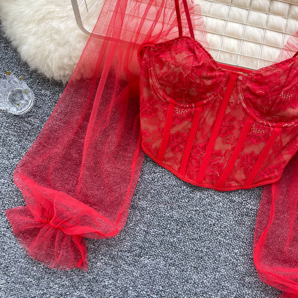 Women Chic Lace Mesh Sheer  Long Sleeve Backless Crop Top Solid Slim Parisian French Fashion Summer Women Shirt Square Collar