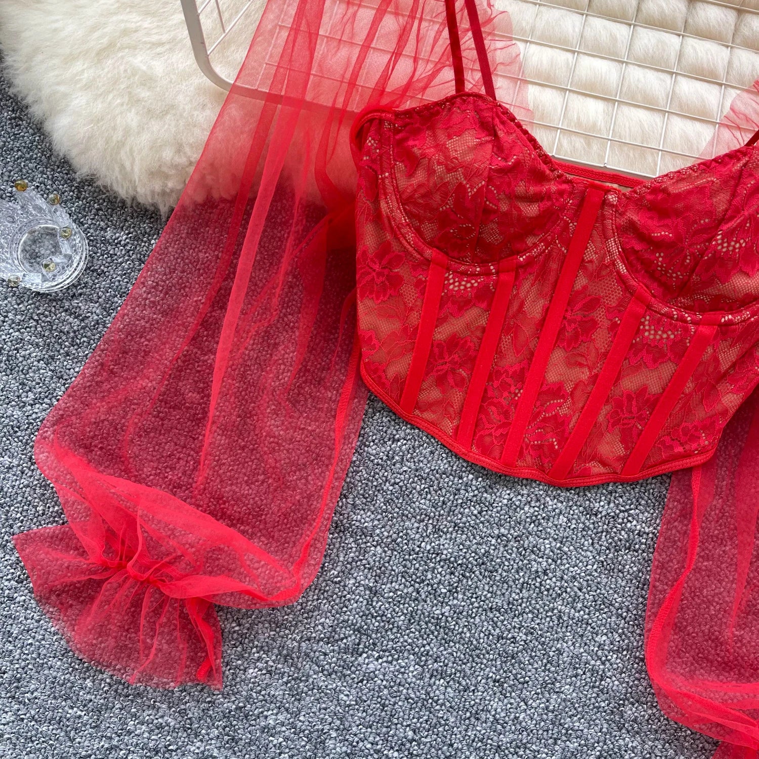 Women Chic Lace Mesh Sheer  Long Sleeve Backless Crop Top Solid Slim Parisian French Fashion Summer Women Shirt Square Collar