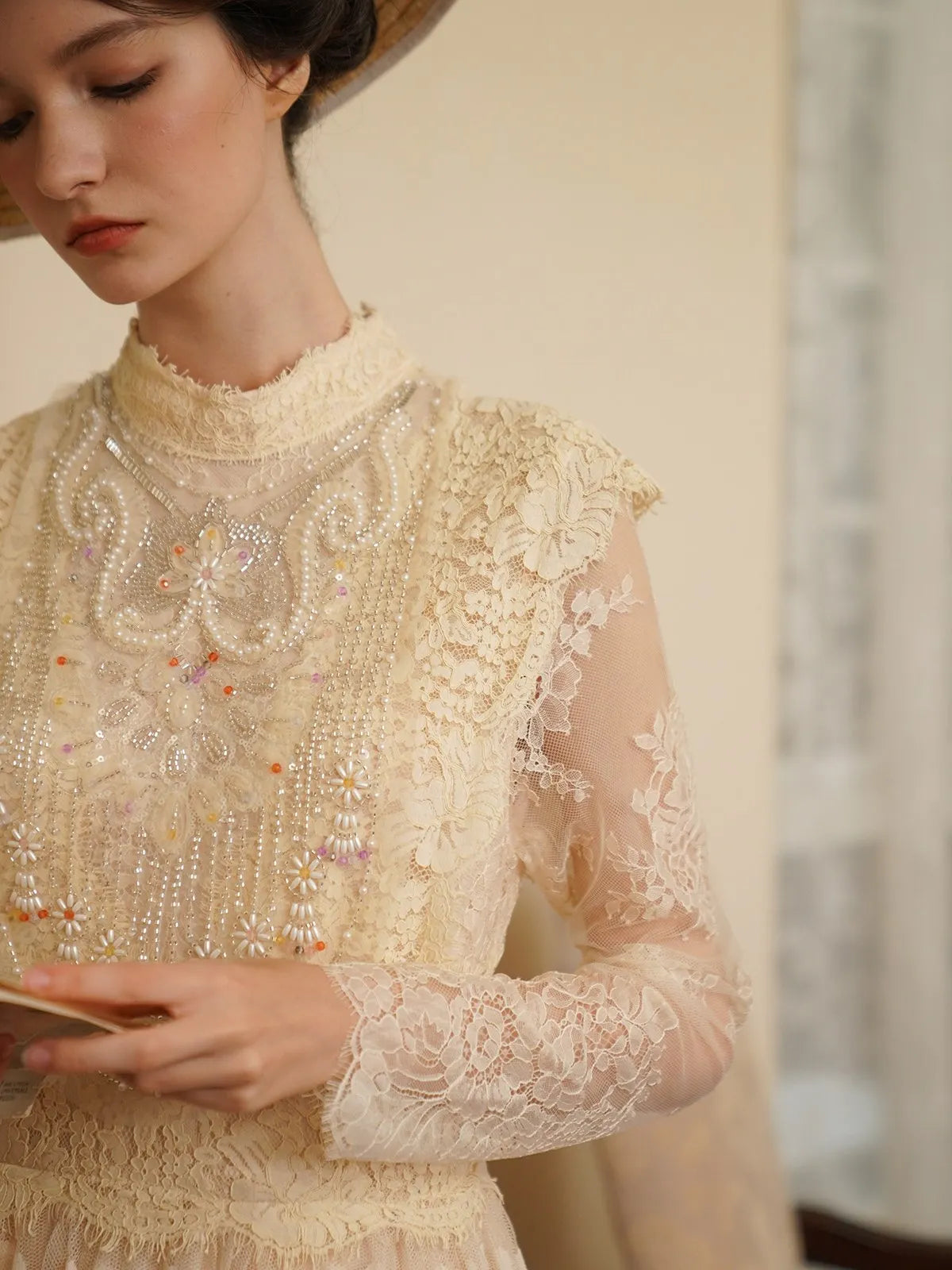 The Tuileries Celestial Gown | Sequined Beaded Lace Maxi Dress | French Vintage High Waist Gown | Parisian Princess