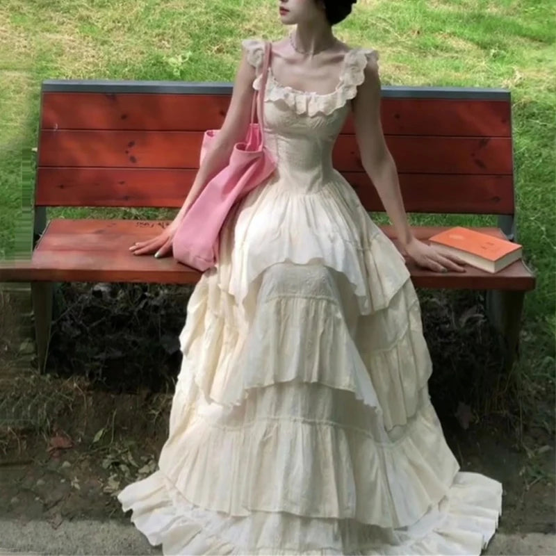 Vintage French Style Ruffles Square Collar Dress Women Summer Holiday Style Sleeveless Fairy Party Dress Fashion Female Clothes