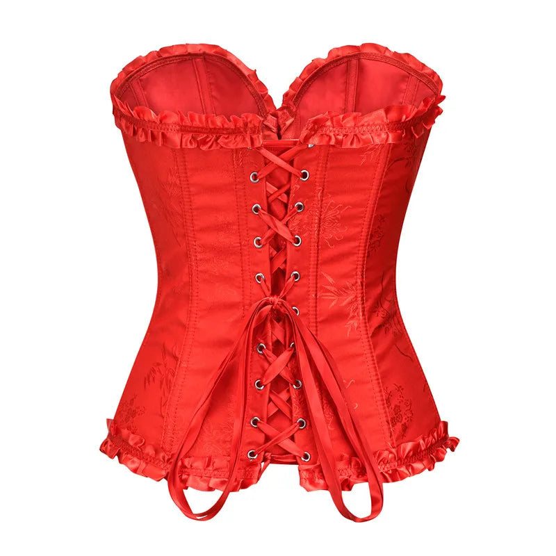 Yellow Jacquard Ruffled Trim Boned Sexy Overbust Push Up Bustier Top Corset Mujer Slimming Corsets For Women Sexy Gothic Clothes