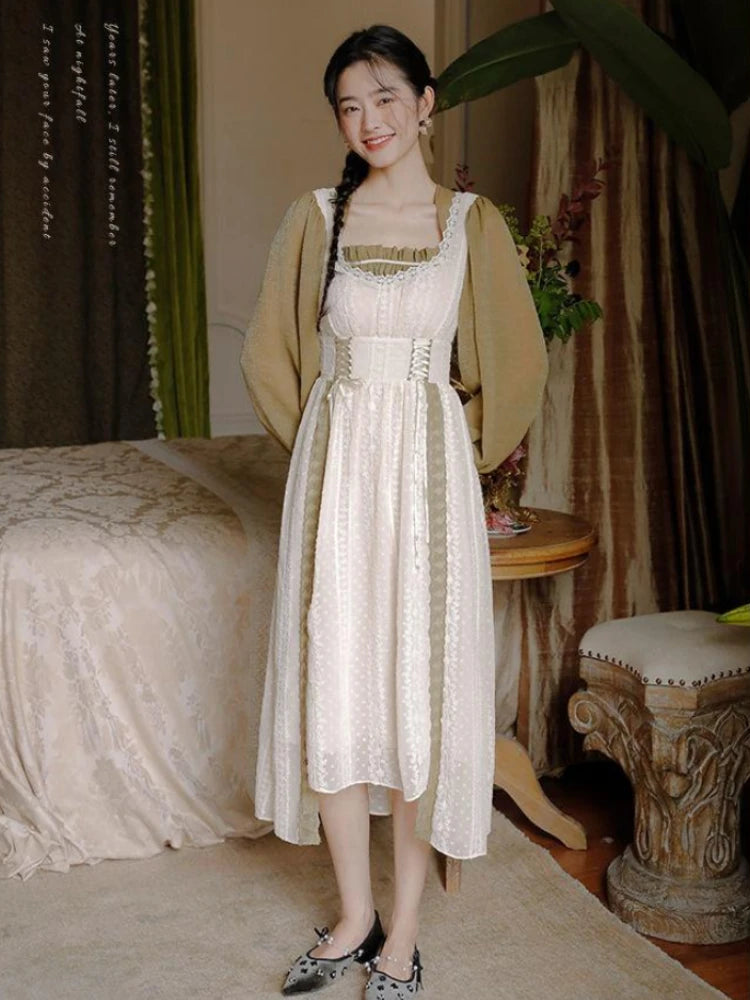 Vintage Chic Parisian Cottagecore Girl Style Dress French Women Elegant Flare Sleeve Bandage Fake Two Pieces Dresses Female Sweet Party Vestidos