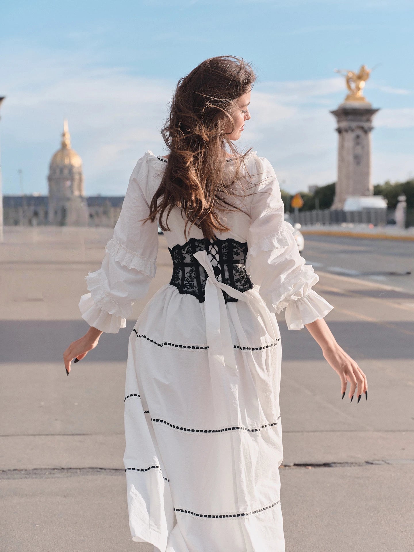 Gothica Parisian Fall White Maxi Dress Women Vintage Elegant Slim Lace Collar Long Sleeve French Halloween Dress