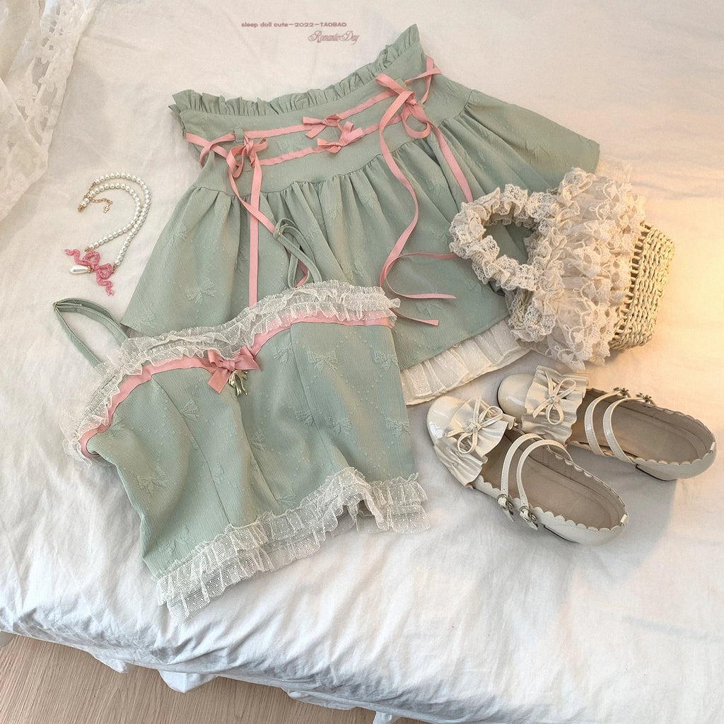 The Odette Ballet Bow Tie Set | Lace-Up High Waist Skirt & Strappy Top | Parisian Coquette Outfit