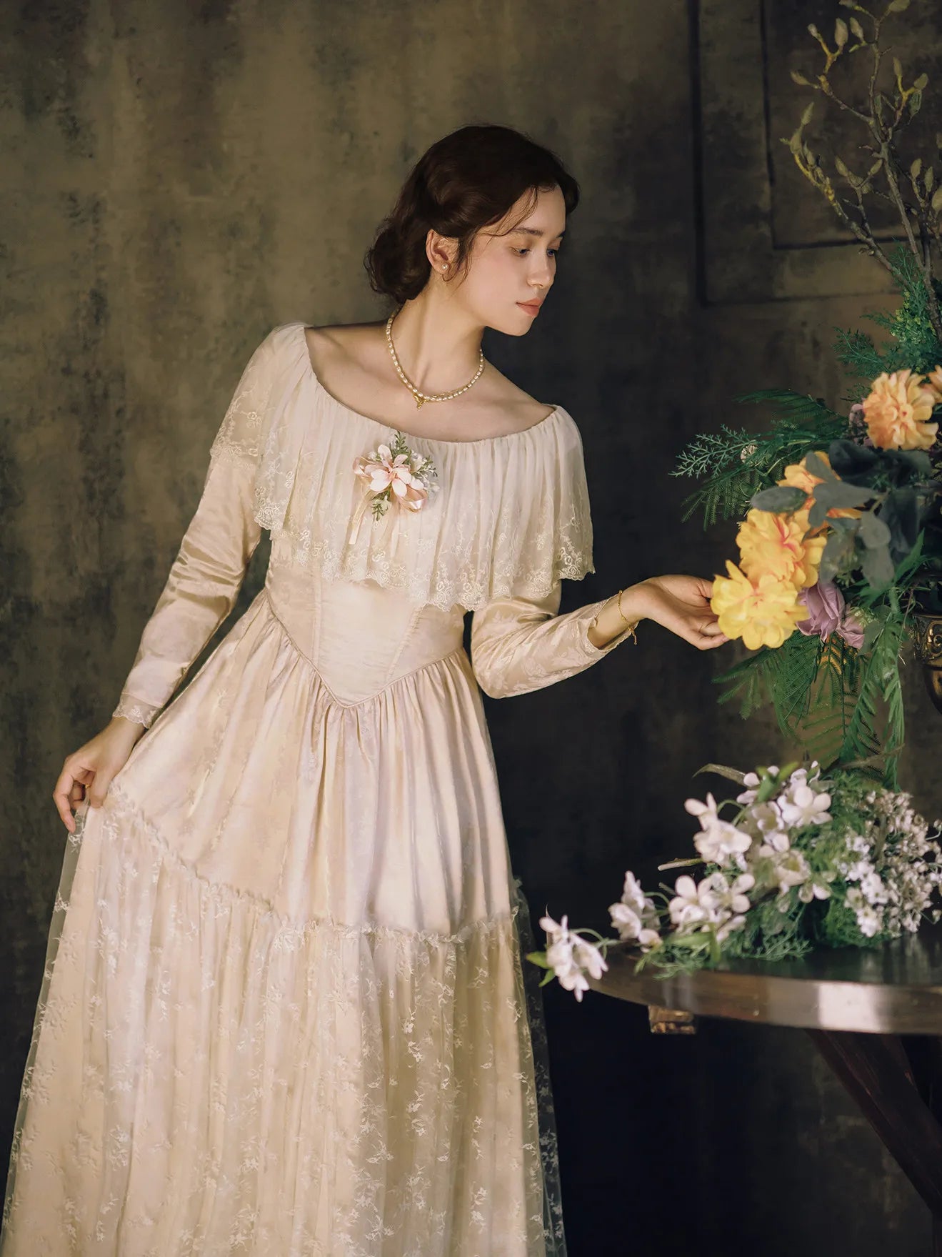 The Giverny Garden Gala Gown | French Satin Lace Patchwork Maxi | Vintage High Waist Ankle Length Dress | Parisian Princess