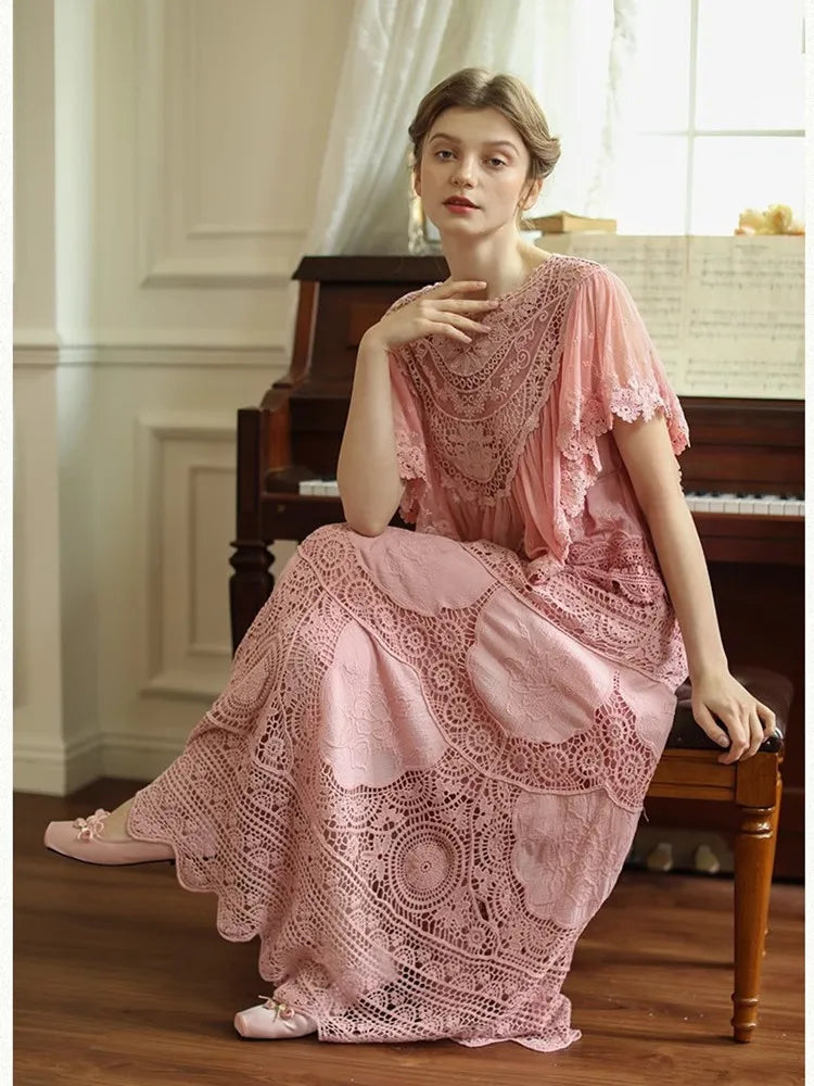 96cm Bust Summer Dress Victoria Vintage Exquisite Embroidery Lace Cape Wedding Dress Elegant Comfortable Cotton Maxi Dress