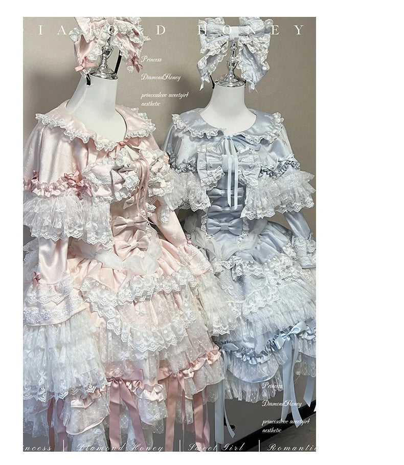 Pink Lolita Princess Dress Women's Bow Lace Heavy Industry Sweet Elegant Birthday Party Evening Dress Lady Suspender Dress Cloak