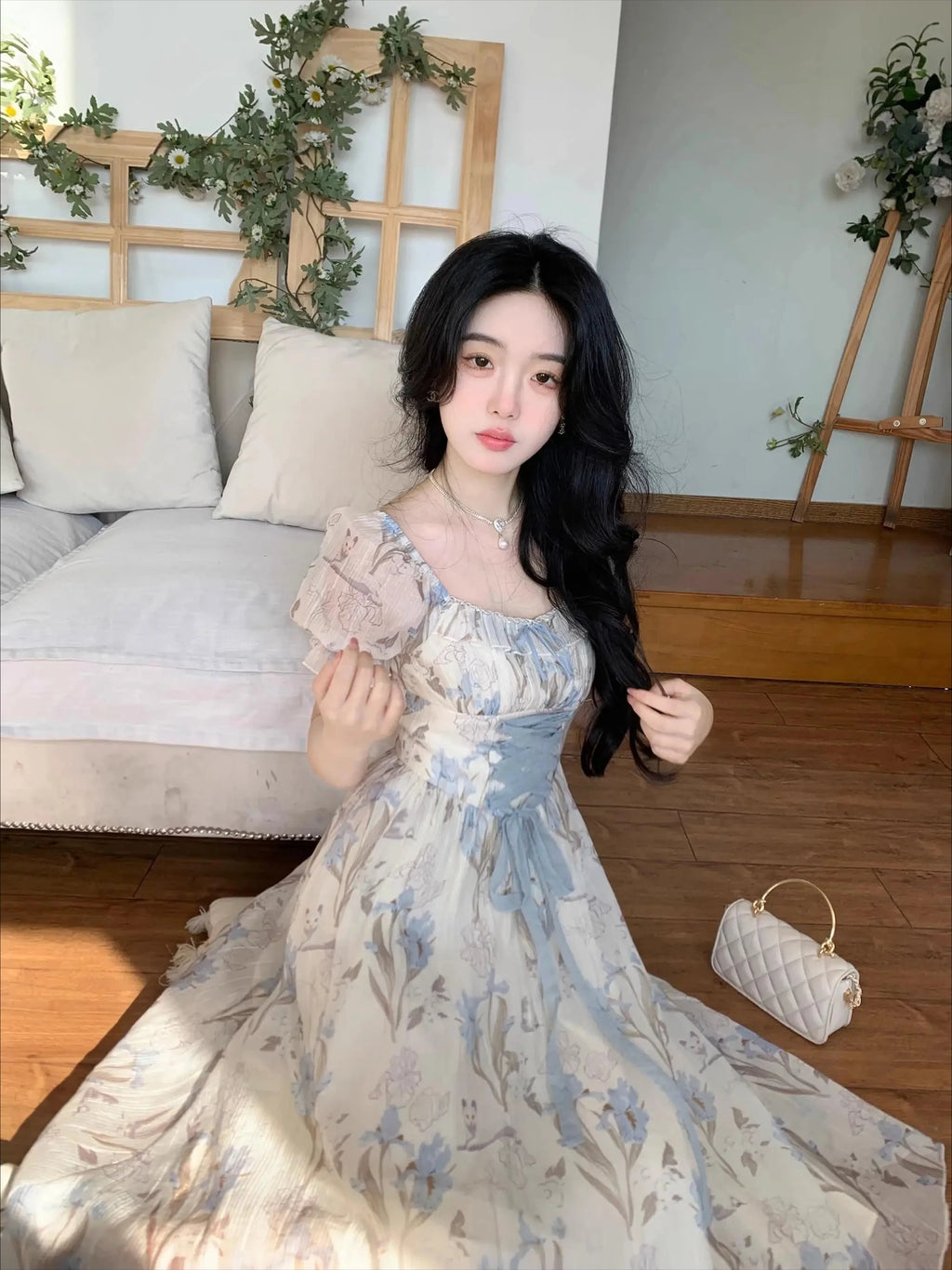 The Trianon Fairy Midi | Parisian Lace Puff Sleeve Princess Gown | Summer Fairycore A-Line Party Dress | Parisian Princess