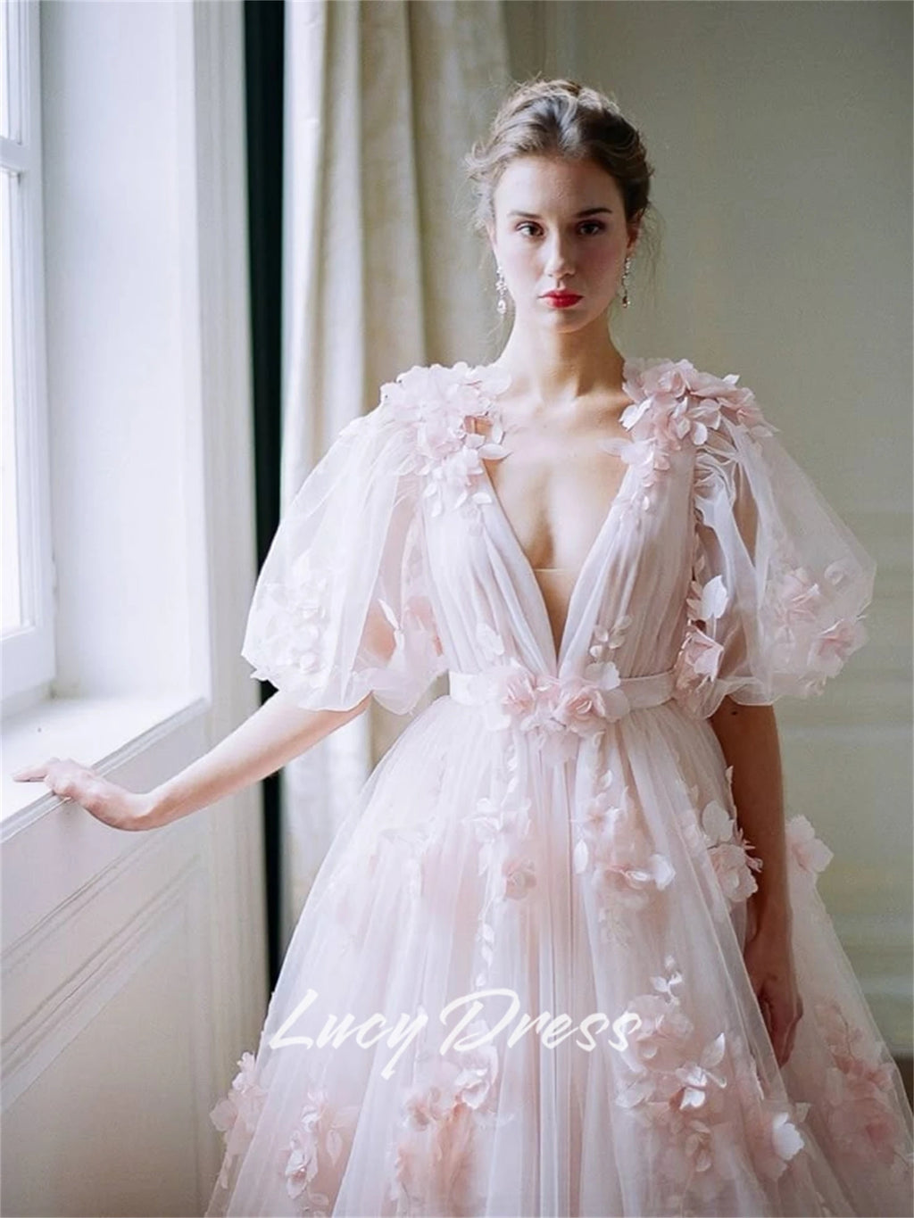 The Duchess Luxury Tulle Gown | V-Neck Court Train Prom Dress | Floral Fabric Birthday Maxi | Parisian Princess
