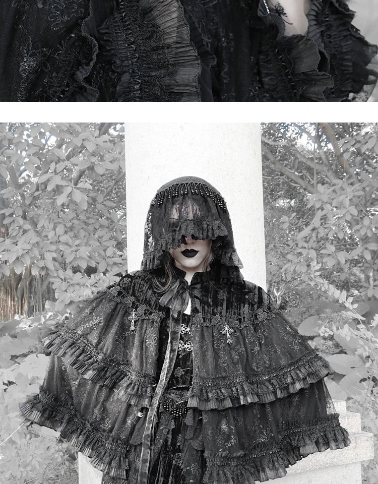 The Gothica Classical Noir Headdress | Heavy Lace Covering & Dark Veil Headband | Gothic Novelty Hairband | Parisian Princess