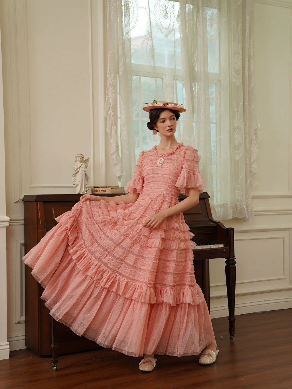 The Candy-Pink Promenade Gown | Hand-Embroidered Tiered Ballgown | Spring Mesh Cake Dress | Parisian Princess