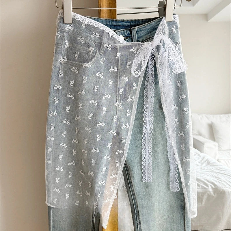 Lace-up Lace Side Half-body Skirt Short Sash Curtain Apron Girls Sweet Jeans Casual Pants Accessories Skirt