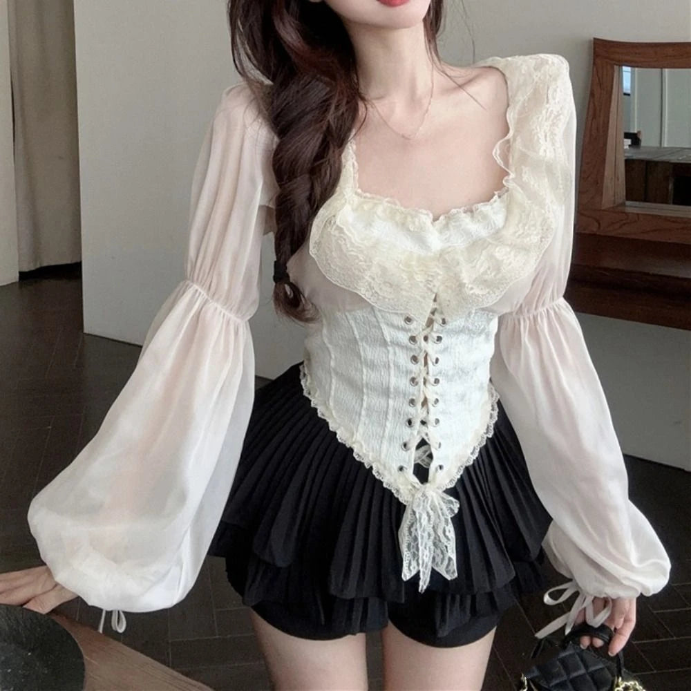 The Trianon Mesh Flounce Blouse | Lace-Up Puff Sleeve Top | Vintage V-Hem Corset Shirt | Parisian Princess