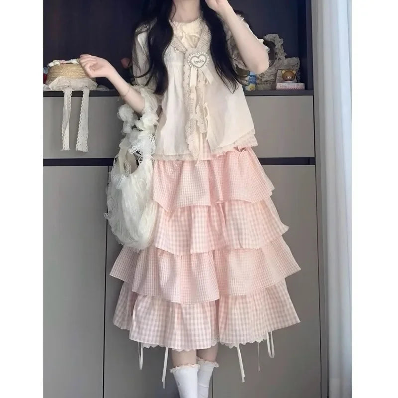 Cute Sweet Sister Classic Parisian Outfit Women's Plaid Ribbon Tied Shirt And Knee-Length Cake Skirt Two-Piece Set