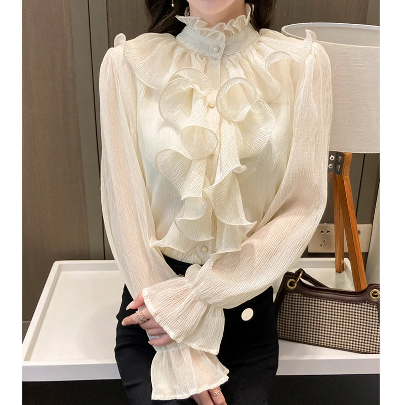 The Versailles Ruffled Chiffon Blouse | Stand Collar Lace Puff Sleeve | French Vintage Shirt | Parisian Princess