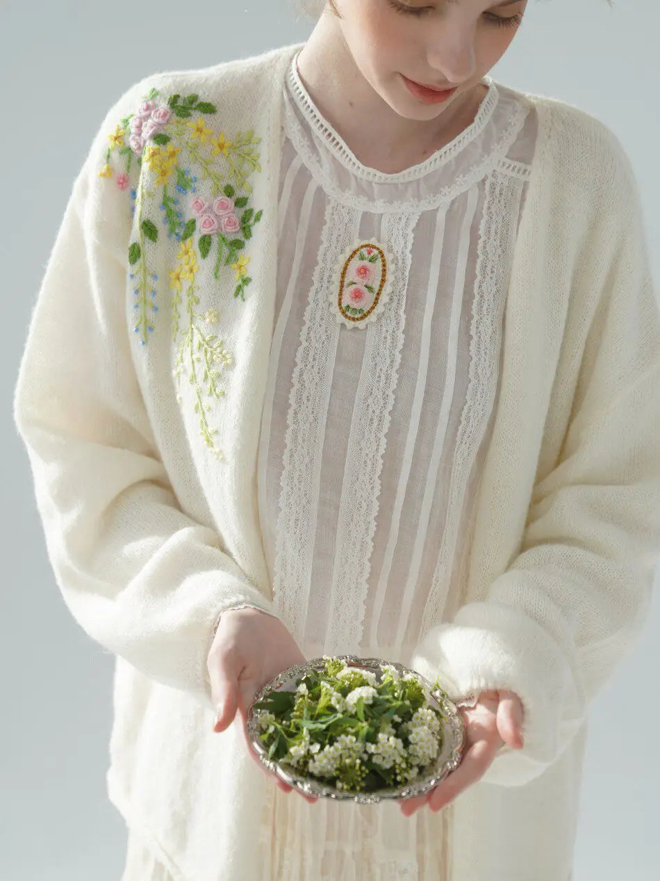 The Palais Rose Ramie Blouse | 100% Ramie Thin White Blouse | French Vintage Handmade 3D Rose Embroidered O-Neck Loose Top | Parisian Princess