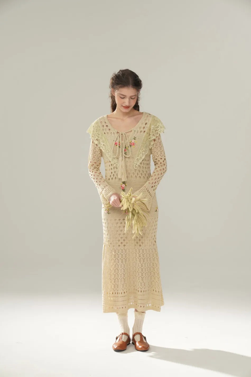 The Versailles Rose Knitted Fishtail | Hand-Embroidered Silk Blend Dress | French V-Neck Gown | Parisian Princess