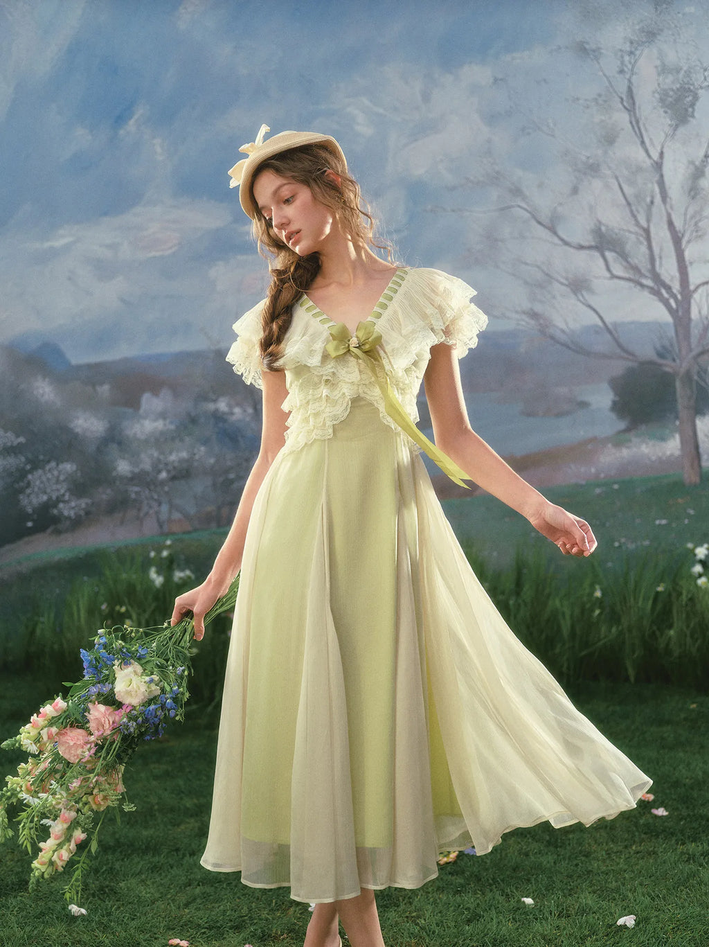 The Spring Meadow Butterfly Lace Gown | French Pastoral V-Neck Midi | Empire Waist Princess Dress | Parisian Princess