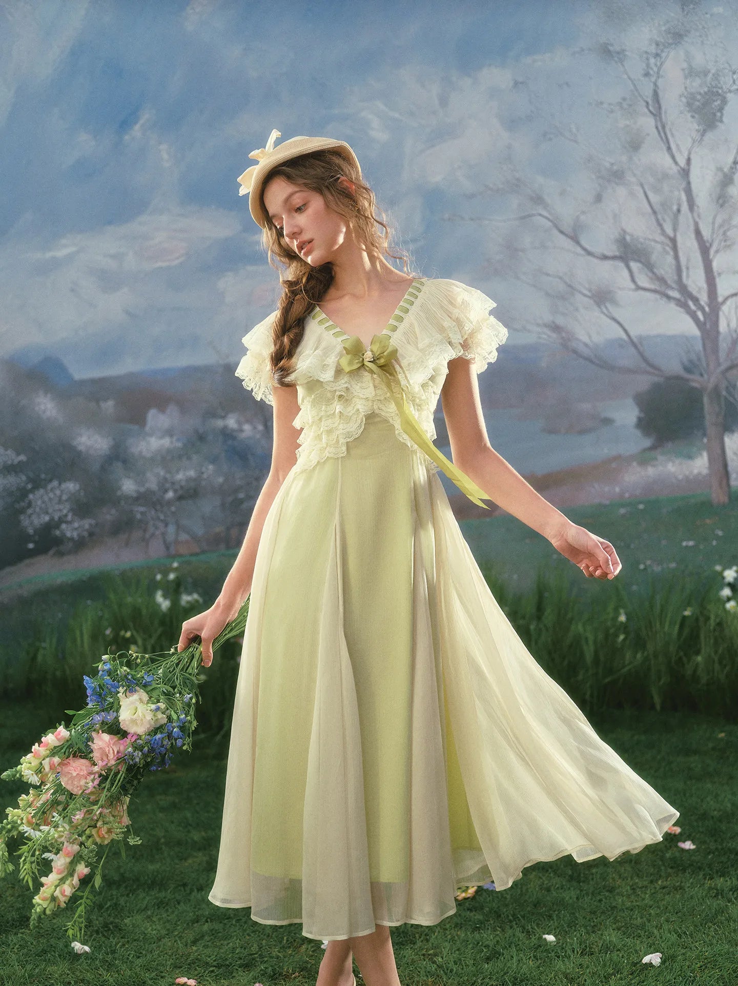 The Spring Meadow Butterfly Lace Gown | French Pastoral V-Neck Midi | Empire Waist Princess Dress | Parisian Princess