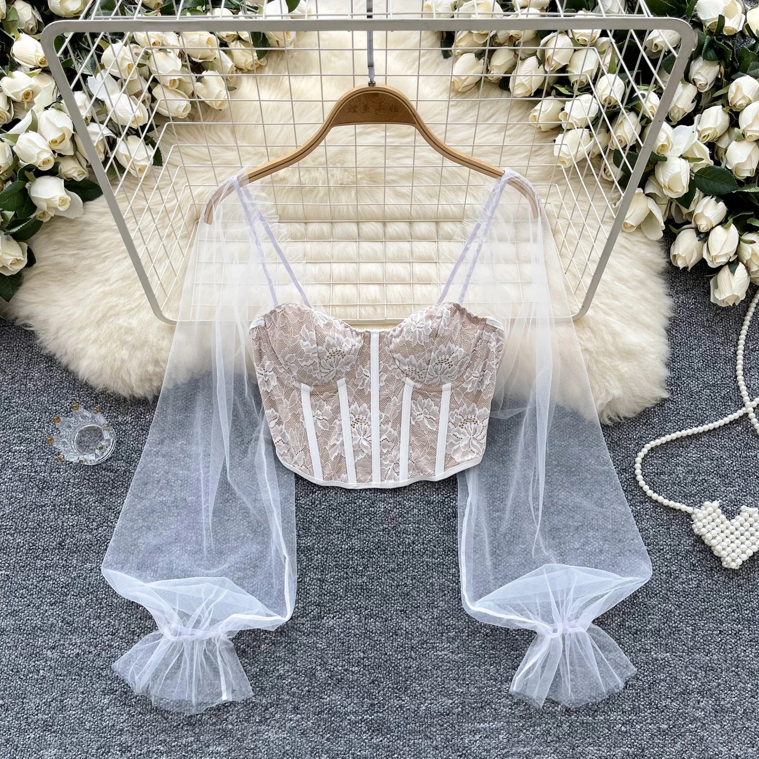 Women Chic Lace Mesh Sheer  Long Sleeve Backless Crop Top Solid Slim Parisian French Fashion Summer Women Shirt Square Collar