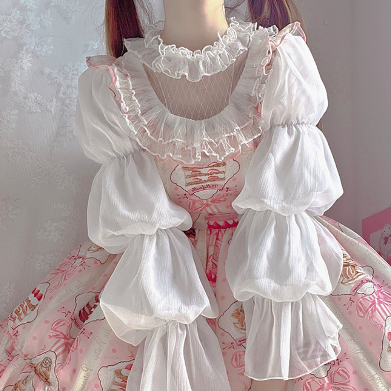 Elegant Vintage Lolita Blouses Women Sweet Cute Hollow Out Mesh Lace Ruffles Princess Shirts Female Gothic Loose Blouse Tops