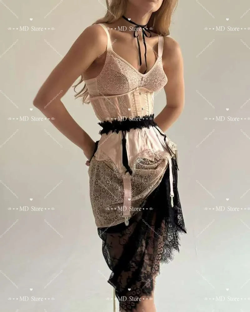 The Pink Contrast Noir Corset Dress | Vintage V-Neck Corset | Short Lace Celebration Mini | Parisian Princess