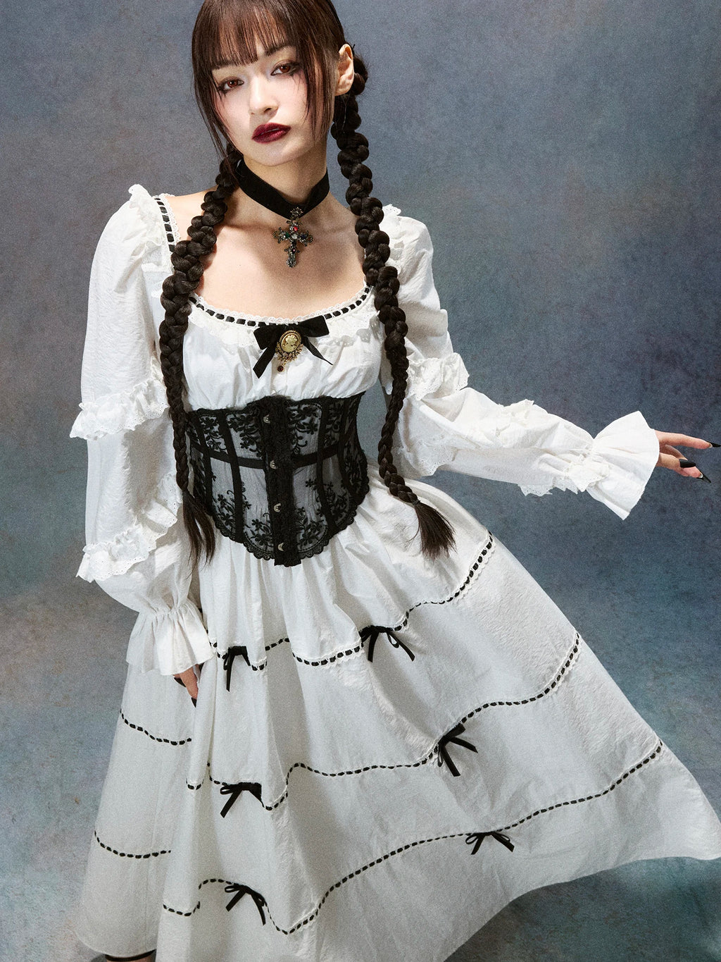 Gothica Parisian Fall White Maxi Dress Women Vintage Elegant Slim Lace Collar Long Sleeve French Halloween Dress