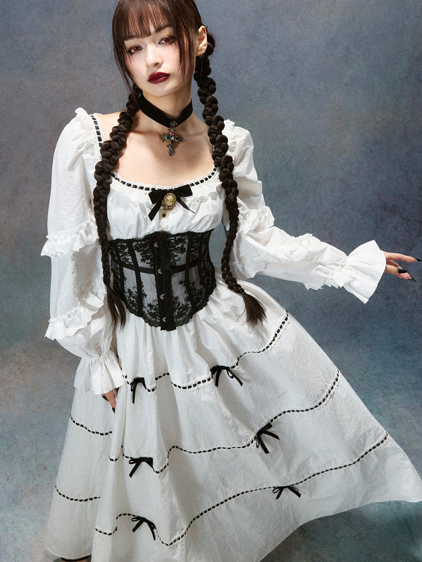 Gothica Parisian Fall White Maxi Dress Women Vintage Elegant Slim Lace Collar Long Sleeve French Halloween Dress