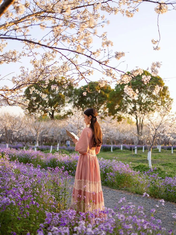 Parisian Long Maxi Women Ladies Dress Full Lantern Sleeve Pink Lace Patchwork 2025 New S-XL Spring Autumn Summer Square Collar